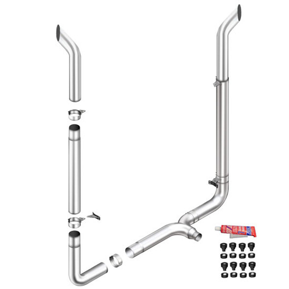 Lincoln Chrome 7-5 X 114 Inch Exhaust Kit W/ Bull Hauler Stacks, Long 90S & Chrome Tapered Y-Pipe For Peterbilt