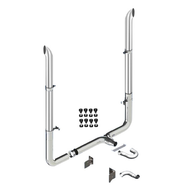 Lincoln Chrome Exhaust Kit, 7 x 108 Inch W/ Curve Turn Stacks & Long Drop Elbows For Peterbilt 389 2011-2017