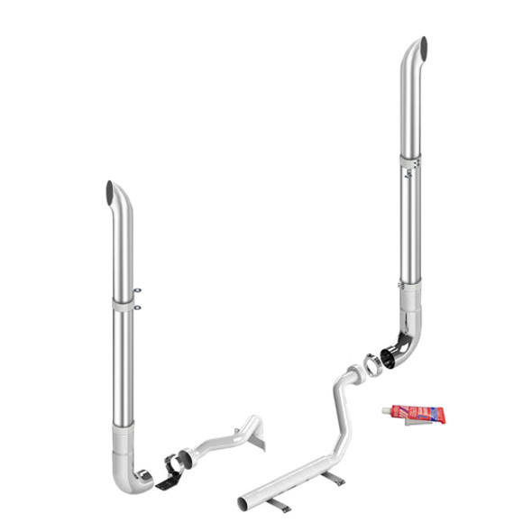 Lincoln Chrome Exhaust Kit, 7 x 108 Inch W/ Curve Turn Stacks & Long Drop Elbows For Kenworth W900L