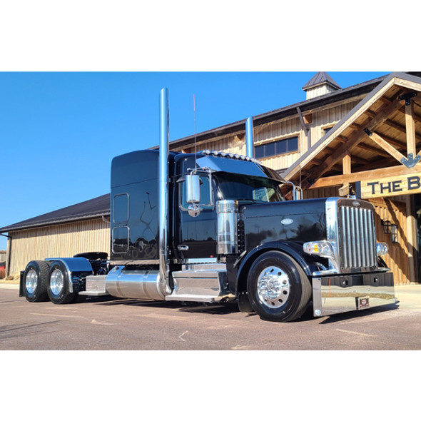 Lincoln Chrome 7 X 120 Inch Exhaust Kit With Flat Top Stacks W/ Long Drop Elbows For Peterbilt 589 W/ Cab Mount Exhaust