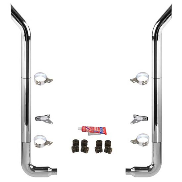 BESTfit 6-5 X 96 Inch Chrome Exhaust Kit W/  Bull Hauler Turn Top Stack  Long Drop Elbows No Tee Peterbilt 378, 379, 389 Glider (1987-2003) 52 Inch Standard Spool Only Unibilt