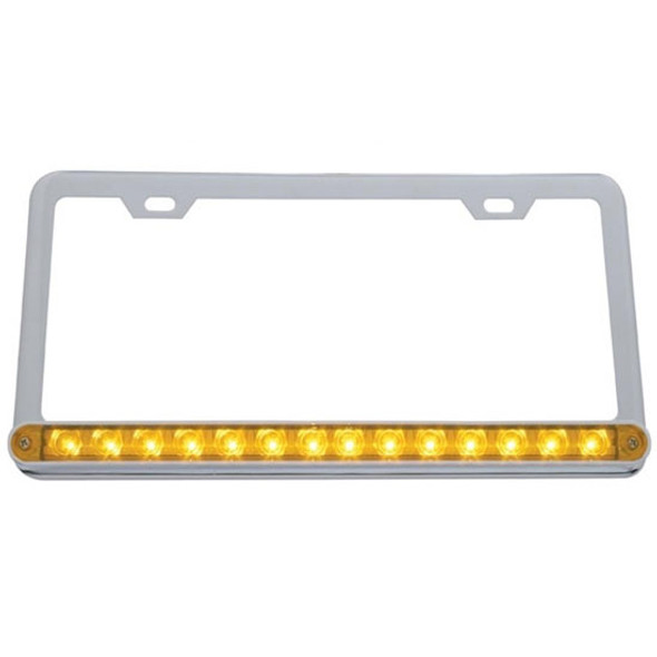 Chrome License Plate Frame W/ 14 Diode Amber LED Amber Lens Light Bar