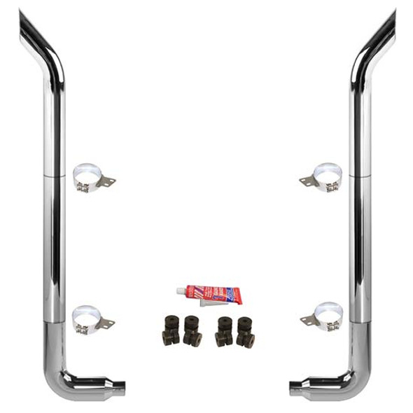 BESTfit 7-5 X 114 Inch Chrome Exhaust Kit W/  Bull Hauler Turn Top Stack  Long Drop Elbows No Tee Peterbilt (1987-2003) 52 Inch Quiet Spools Non-Unibilt