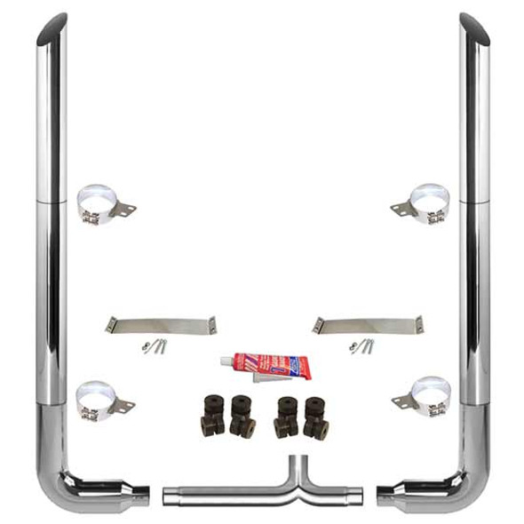 BESTfit 8-5 X 102 Inch Chrome Exhaust Kit W/  Miter Cut Top Stack  Long 90S & Chrome Tapered Y-Pipe 5 Inch Taper Lock Chrome Tee Peterbilt (1987-2003) 52 Inch Quiet Spools Non-Unibilt