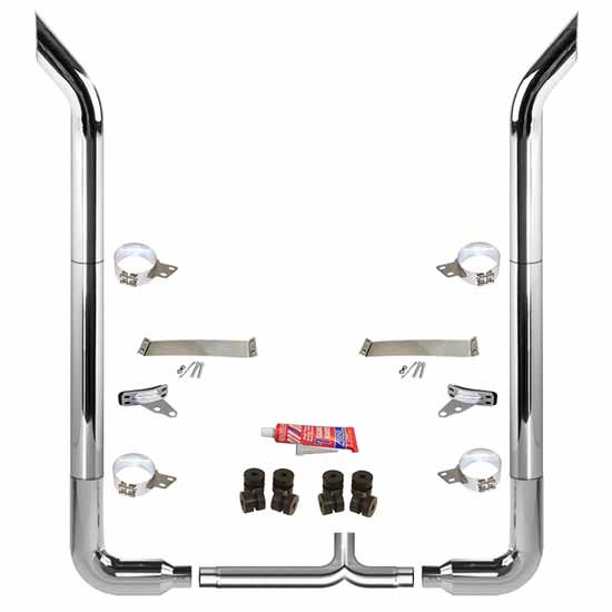 BESTfit 8-5 X 102 Inch Chrome Exhaust Kit W/  Bull Hauler Turn Top Stack  Long 90S & Chrome Tapered Y-Pipe 5 Inch Taper Lock Chrome Tee Peterbilt (2005-Newer) 55 Inch Quiet Spools Unibilt