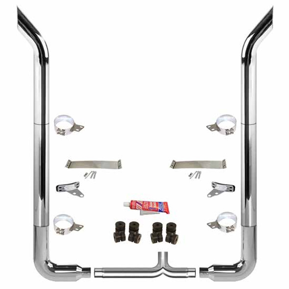 BESTfit 8-5 X 102 Inch Chrome Exhaust Kit W/  Bull Hauler Turn Top Stack  Long 90S & Chrome Tapered Y-Pipe 5 Inch Taper Lock Chrome Tee Peterbilt (1987-2003) 52 Inch Quiet Spools Unibilt