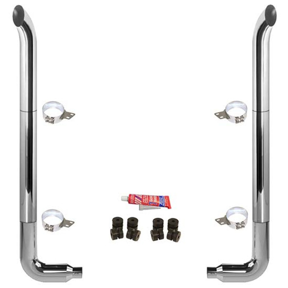 BESTfit 8-5 X 96 Inch Chrome Exhaust Kit W/  West Coast Turn Top Stack  Long Drop Elbows No Tee Peterbilt (2005-Newer) 55 Inch Quiet Spools Non-Unibilt