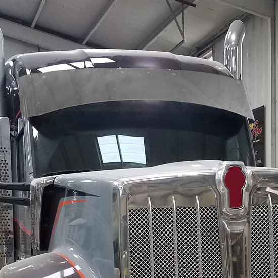 Chrome Shop Mafia Aluminum 18.5 Inch Curved Visor W/ 5 Rnd 3/4 Inch Light Holes For Kenworth T680NG W/ Wind Vanes