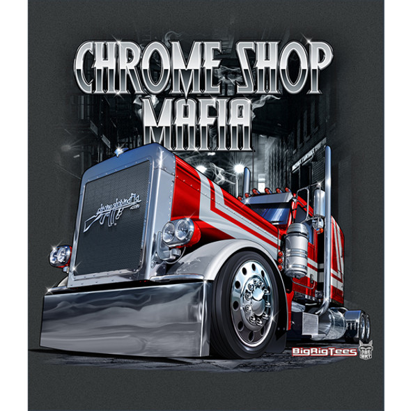 Chrome Shop Mafia Dark Heather Short Sleeve T-Shirt With Tommy Gun Logo And Red & Silver 379 Peterbilt - 2X-Large