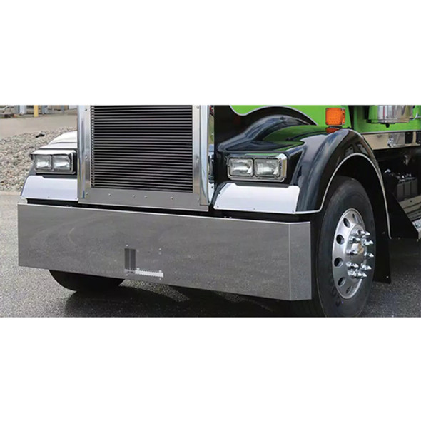 Peterbilt 389 18 Inch Stainless Steel Mitered End Blind Mount Bumper W/ Recessed License Plate Holder Peterbilt 389 18 Inch Stainless Steel Mitered End Blind Mount Bumper W/ Recessed License Plate Holder