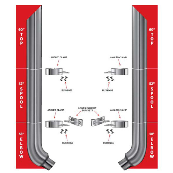 Peterbilt 7 Inch Chrome Mitered Stack Exhaust Kit W/ 60 Inch Top Stack, 52 Inch Middle Spools & 7 to 5 Inch 58 Degree Elbow Peterbilt 7 Inch Chrome Mitered Stack Exhaust Kit W/ 60 Inch Top Stack, 52 Inch Middle Spools & 7 to 5 Inch 58 Degree Elbow