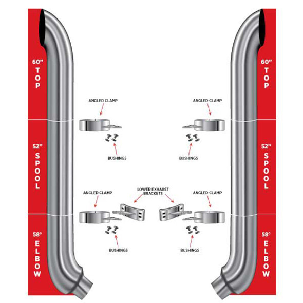 Peterbilt 7 Inch Chrome Curved Stack Exhaust Kit W/ 60 Inch Top Stack, 52 Inch Middle Spools & 7 to 5 Inch 58 Degree Elbow