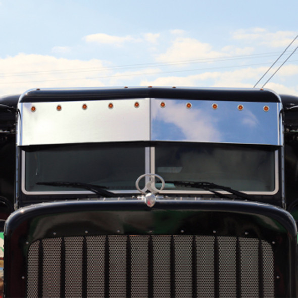 Peterbilt 2005+ 11 Inch Stainless Steel Post Mount Darwin Drop Visor W/ Top Button Lights- Amber LED/ Amber Lens Peterbilt 2005+ 11 Inch Stainless Steel Post Mount Darwin Drop Visor W/ Top Button Lights- Amber LED/ Amber Lens