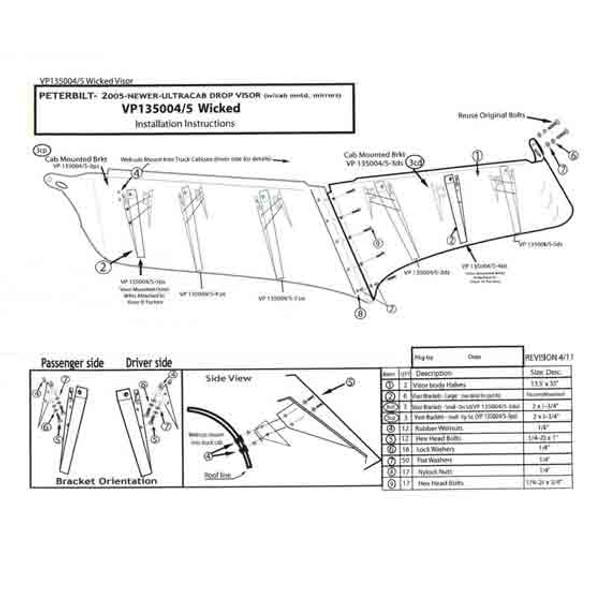 14-Inch Stainless Steel Wicked Drop Visor for Peterbilt 379, 385, 386, 388, 389, and 389 Glider