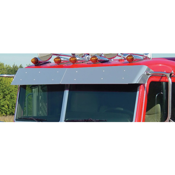 Stainless Steel Regular Drop Bowtie Visor for Peterbilt Flat Top Models With Cab Mounted Mirrors Stainless Steel Regular Drop Bowtie Visor for Peterbilt Flat Top Models With Cab Mounted Mirrors