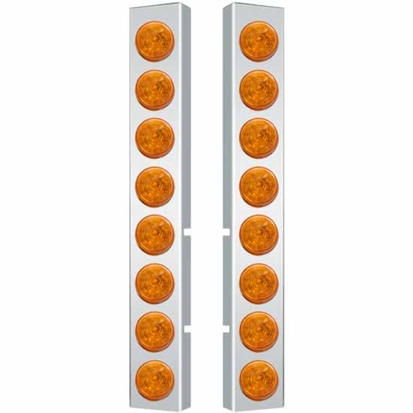 Valley Chrome Stainless Steel Front Air Cleaner Panels With 8 Round 2 Inch Amber LED Lights & Amber Lens for Peterbilt 377, 378, & 379 with Vortox Air Cleaners