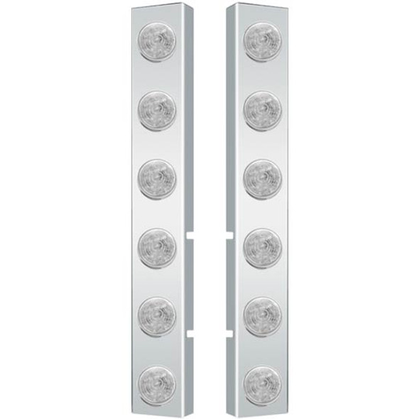 Valley Chrome Stainless Steel Front Air Cleaner Panels With 6 Round 2 Inch Amber LED Lights & Clear Lens for Peterbilt 377, 378, & 379 with Vortox Air Cleaners