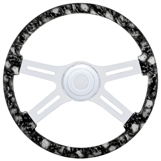 Peterbilt 18 Inch Chrome 4 Spoke Black & White Skull Steering Wheel For 04/1998-Newer,
