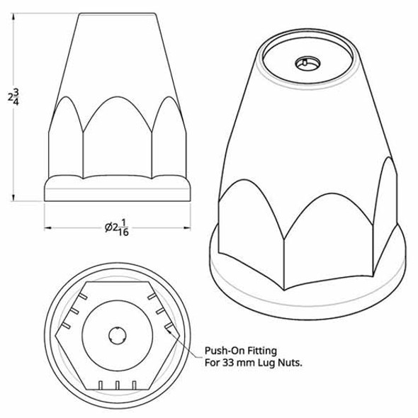 33MM X 2.75 Inch Chrome Push-On Hub Pilot Style Nut Covers W/ Blue Reflector - Pack Of 20