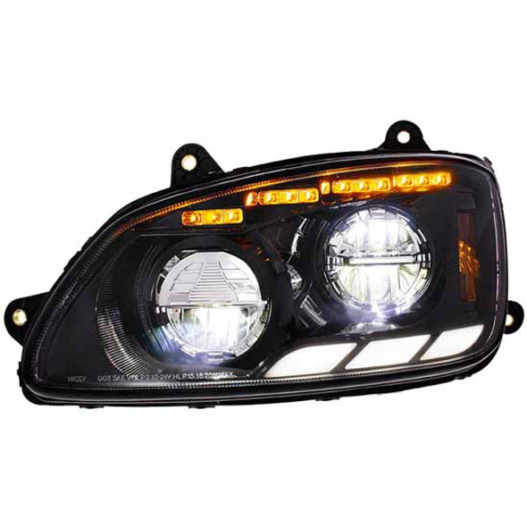 Kenworth T660 Black CREE LED Headlight, Driver Side W/ Sequential Turn Signal & Triple Bar Position Light Bar