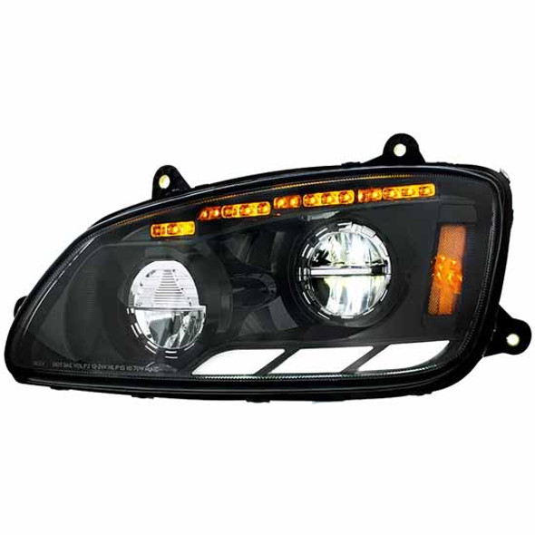 Kenworth T660 Black CREE LED Headlight, Driver Side W/ Sequential Turn Signal & Triple Bar Position Light Bar
