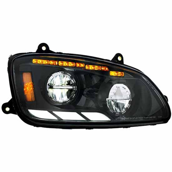 Kenworth T660 Black CREE LED Headlight, Passenger Side W/ Sequential Turn Signal & Triple Bar Position Light Bar