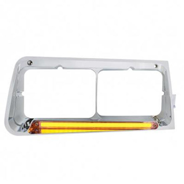 Freightliner FLD Chrome 24 LED Rectangular Dual Headlight Bezel W/ Visor & Amber GLO Light - Passenger Side - Amber LED / Clear Lens
