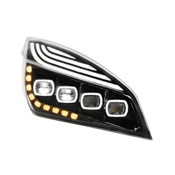 Black Quad Headlight with LED DRL & Sequential Signal – Passenger Side for Freightliner Cascadia 113, 125, 116, 126