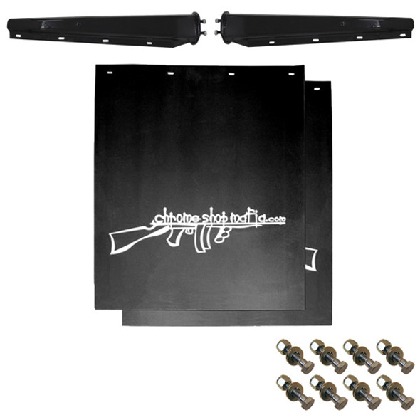 Chrome Shop Mafia 24x30 Tommy Gun Logo Mudflap Kit with Black Tapered Hangers