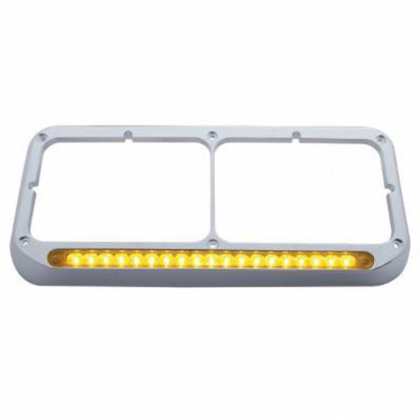 Chrome Rectangular Dual Headlight Bezel With Visor & 12 Inch LED Light Bar- Amber LED / Amber Lens