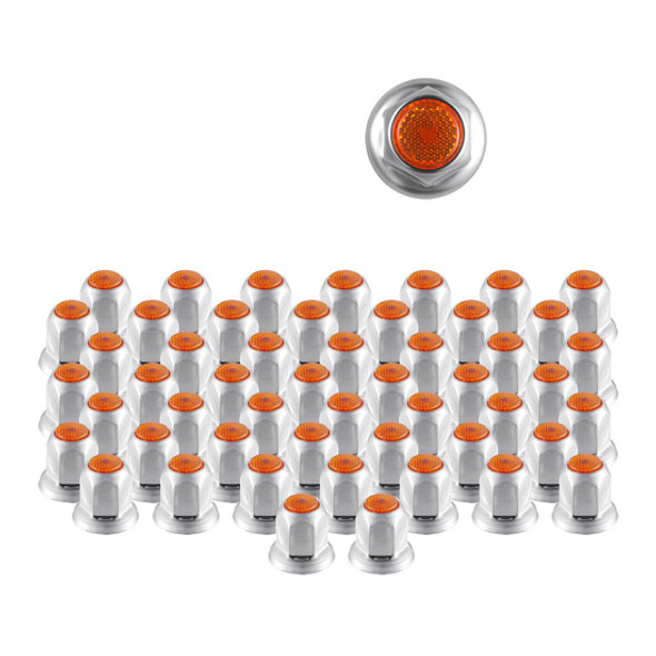 33mm x 2-Inch Chrome Steel Reflector Nut Cover with Flange (Amber) – 50 Pack