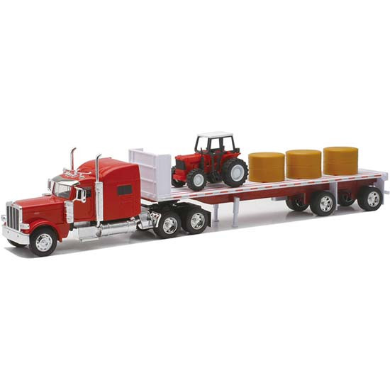 Custom Die-Cast Peterbilt 389 with Flatbed, Farm Tractor & Round Bales - 1/32 Scale