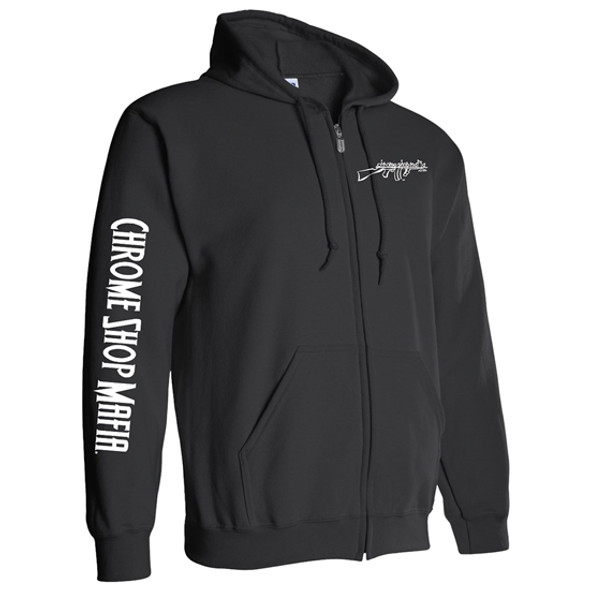 Black Zip-Up Hoodie with Chrome Shop Mafia Tommy Gun Logo - Large