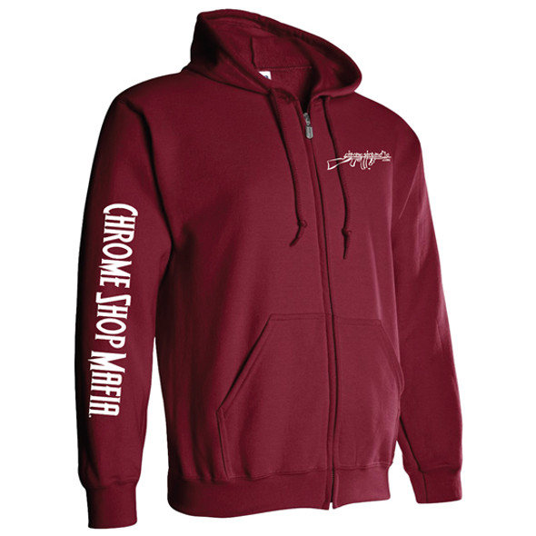Cardinal Red Zip-Up Hoodie with Chrome Shop Mafia Tommy Gun Logo - Small