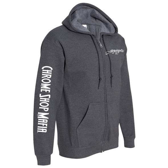 Heather Gray Zip-Up Hoodie with Chrome Shop Mafia Tommy Gun Logo - Medium