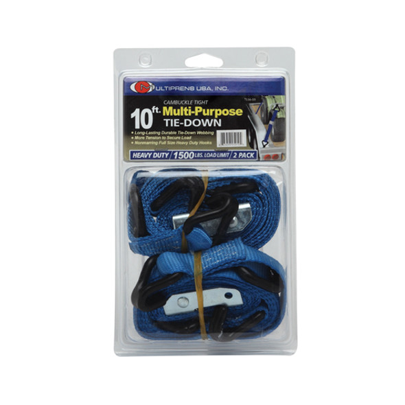 1 Inch X 15 Ft Blue Cam Buckle Strap With Vinyl Wire Hooks & D Rings- 2 Pack