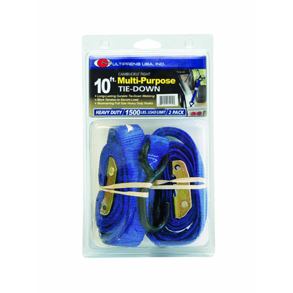 1 Inch X 10 Ft Blue Cam Buckle Strap With Vinyl S Hooks- 2 Pack