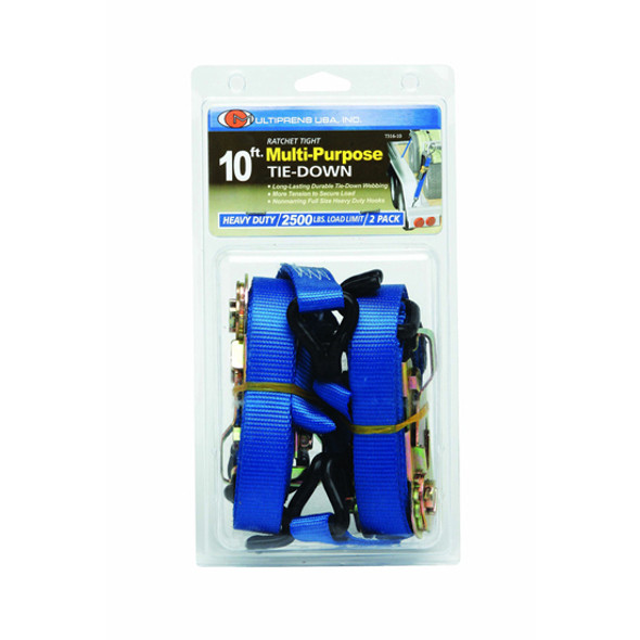 1 Inch X 10 Ft Blue Ratchet Strap With Vinyl Wire Hooks & D Rings- 2 Pack
