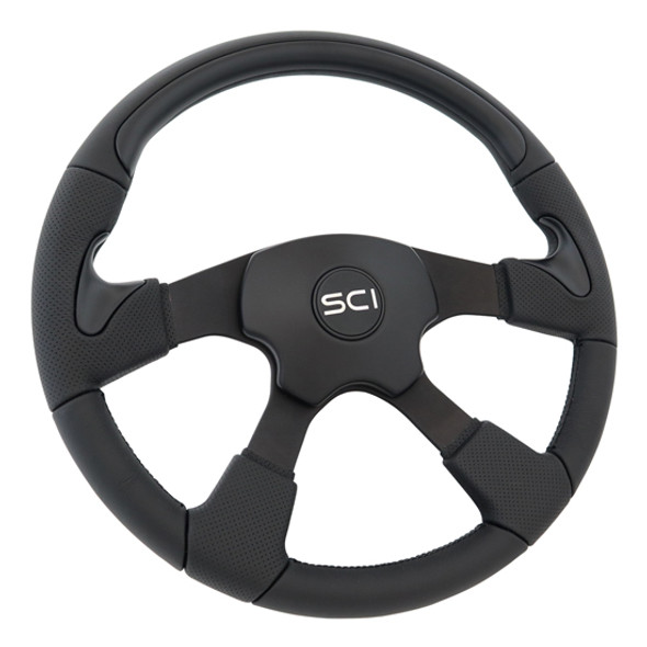 18 Inch Matte Black Steering Wheel W/ Leather Rim, Black Aluminum 4- Spoke, Matte Black Pad & Matte Black Horn Button