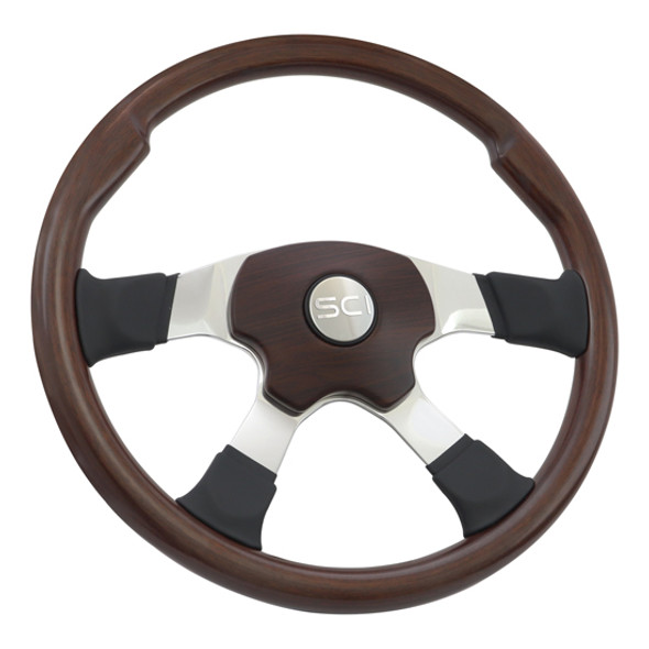 18 Inch Matte Mahogany Wood Steering Wheel With Black Leather Spats W/ Aluminum 4- Spoke, Mahogany Pad and Horn Button