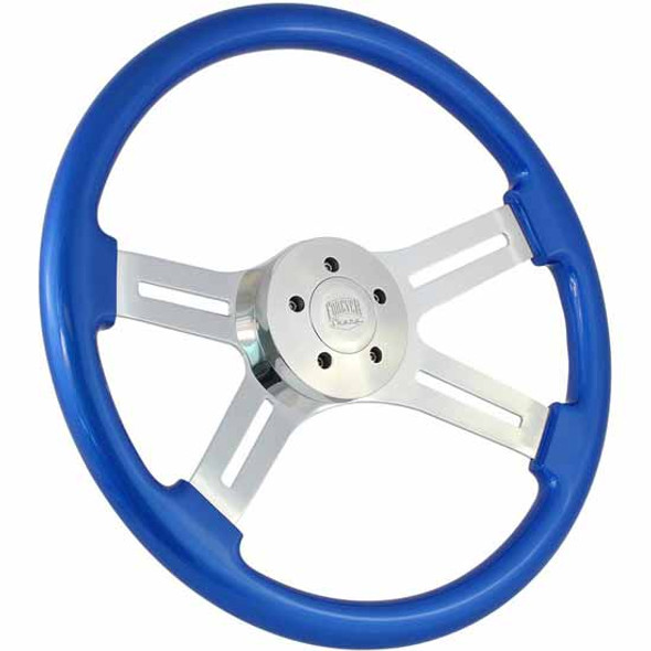 18 Inch Dual Classic Blue Painted Wood Steering Wheel With 4 Chrome Spokes With Cutouts