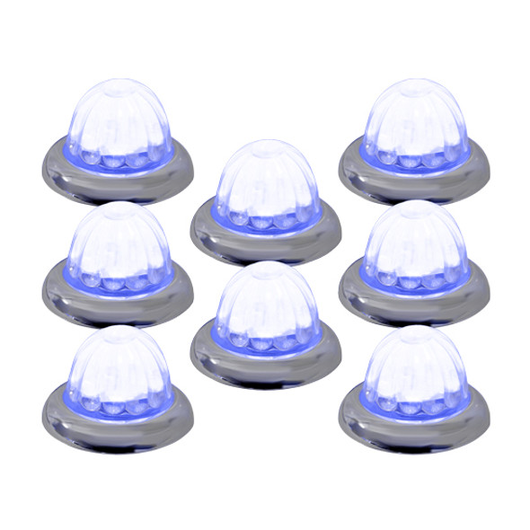 8 Pack Of 1-1/2 Inch Glass Watermelon Blue- Clear 3 Wire, Stud Mount W/ Chrome Bezel LED Lights By Legendary