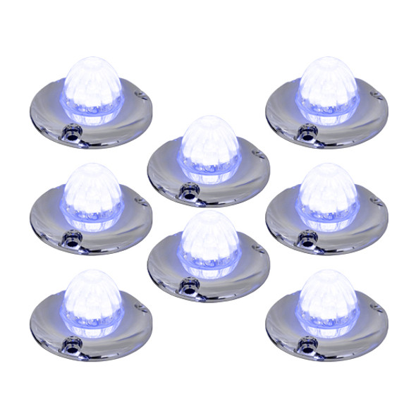 8 Pack Of 1-1/2 Inch Glass Watermelon Blue- Clear 3 Wire, 3 Hole Mount W/ Flat Chrome Bezel LED Lights By Legendary