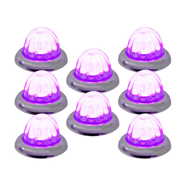 8 Pack Of 1-1/2 Inch Glass Watermelon Purple- Clear 3 Wire, Stud Mount W/ Chrome Bezel LED Lights By Legendary