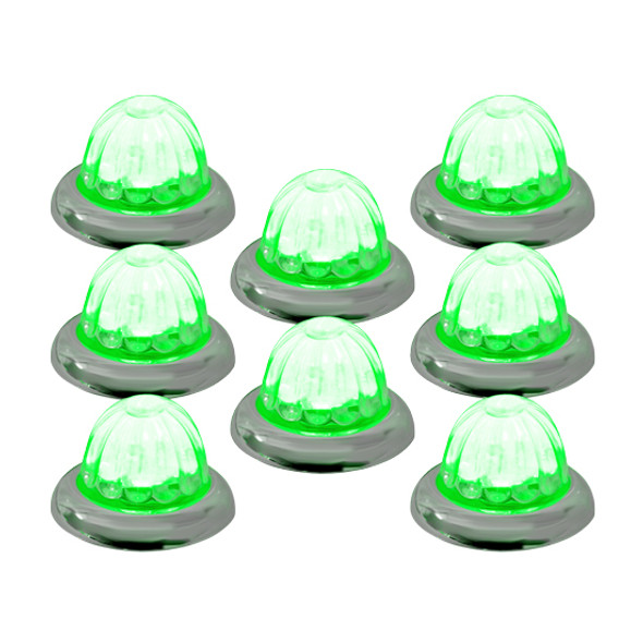 8 Pack Of 1-1/2 Inch Glass Watermelon Green- Clear 3 Wire, Stud Mount W/ Chrome Bezel LED Lights By Legendary