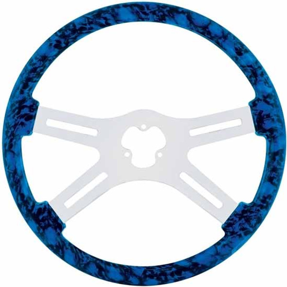18 Inch Black & Blue Skull Hydro Dip Steering Wheel Kit W/ 4 Chrome Spoke With Blade Cutouts Fits Peterbilt 2006-2013