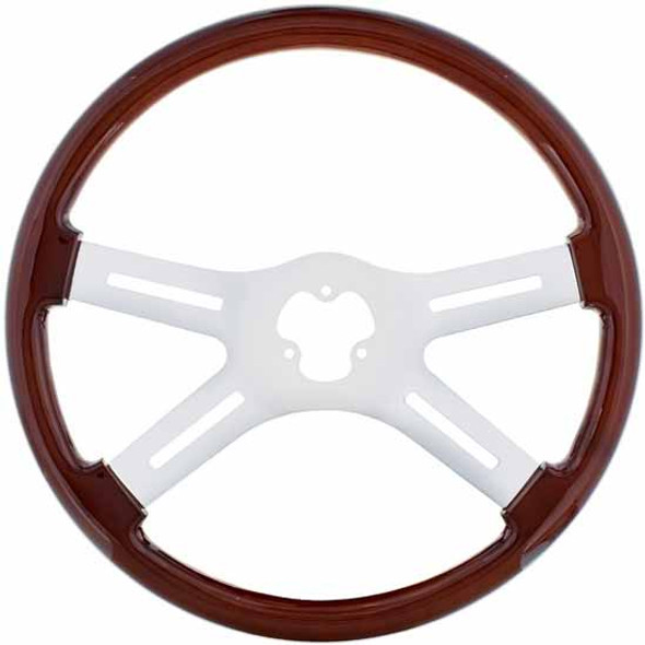 18 Inch Wood Steering Wheel Kit W/ 4 Chrome Spoke With Slotted Cutouts Fits Peterbilt 2006-2013 18 Inch Wood Steering Wheel Kit W/ 4 Chrome Spoke With Slotted Cutouts Fits Peterbilt 2006-2013