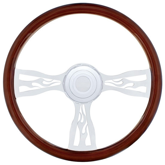18 Inch Wood Steering Wheel Kit W/ 3 Chrome Spoke With Flame Cutouts Fits Peterbilt 2006-2013