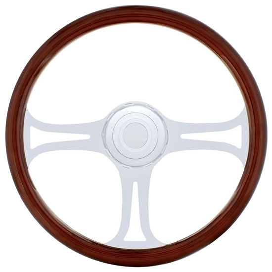 18 Inch Wood Steering Wheel Kit W/ 3 Chrome Spoke With Blade Cutouts Fits Peterbilt 1993-1998