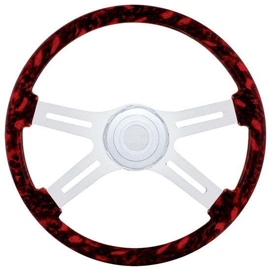 18 Inch Black & Red Skull Hydro Dip Wood Steering Wheel Kit W/ 4 Chrome Spoke With Slot Cutouts Fits Peterbilt 2006-2013
